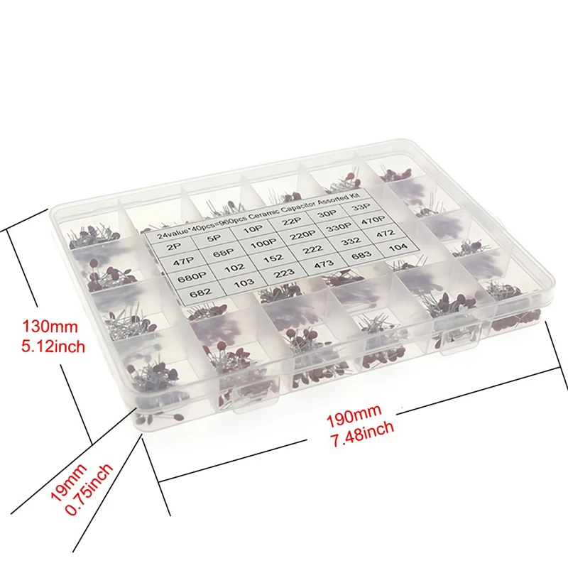 960PCS 24 types of values ​​2PF-100NF, 40 each, a total of 960 magnetic ceramic dielectric ceramic capacitor boxes