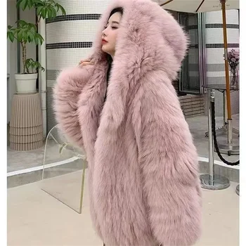 Image Pop Street Network Red Same Style Imitation Fox Fur Grass Girl 2024 Winter New Hooded Loose Slim Fur Coat Trendy Solid Commuter