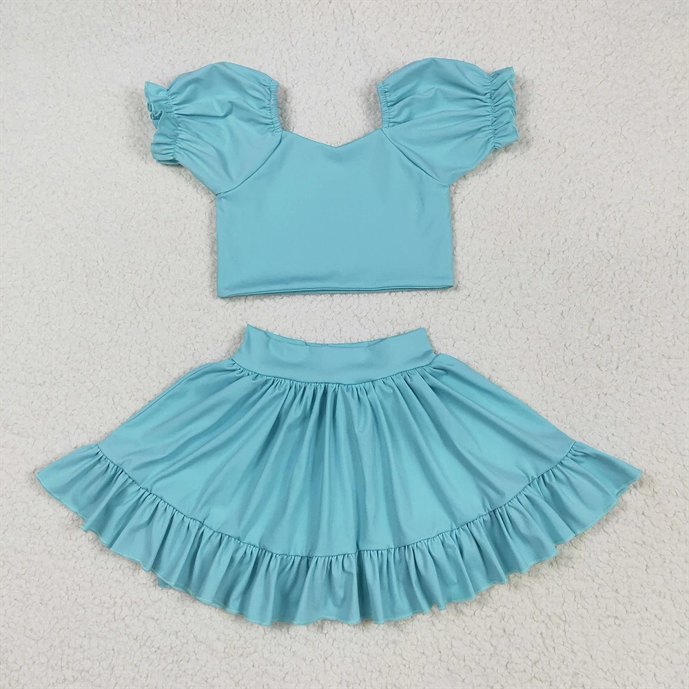 

Baby Girls Active Wear Set Aqua Yoga Shirt with Short Sleeves Crop Top And Ruffle Skirt for Toddlers