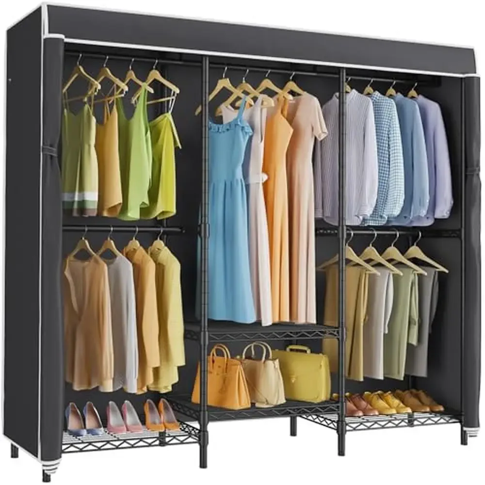 

Heavy Duty Adjustable Shelves Garment Rack Wardrobe Closet with Black Oxford Fabric Cover Metal Framework 70.1"Lx17.3"Wx76.4"H