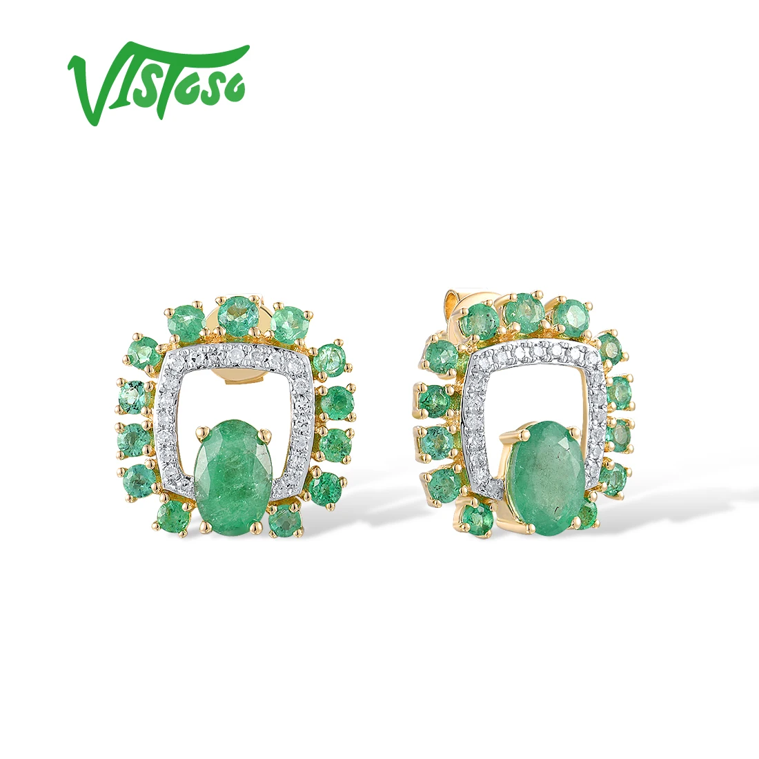 

VISTOSO Pure 14K 585 Yellow Gold Stud Earrings For Women Sparkling Diamonds Emerald Square Delicate Gift Fine Jewelry