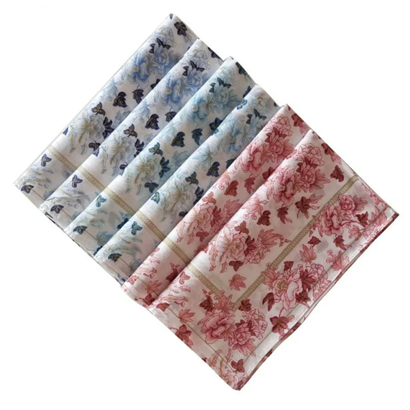 3Pcs Pack 45x45cm Pure Cotton Rose Flower Floral Printed Women Handkerchiefs Square Towels Wedding Tea Party Favors