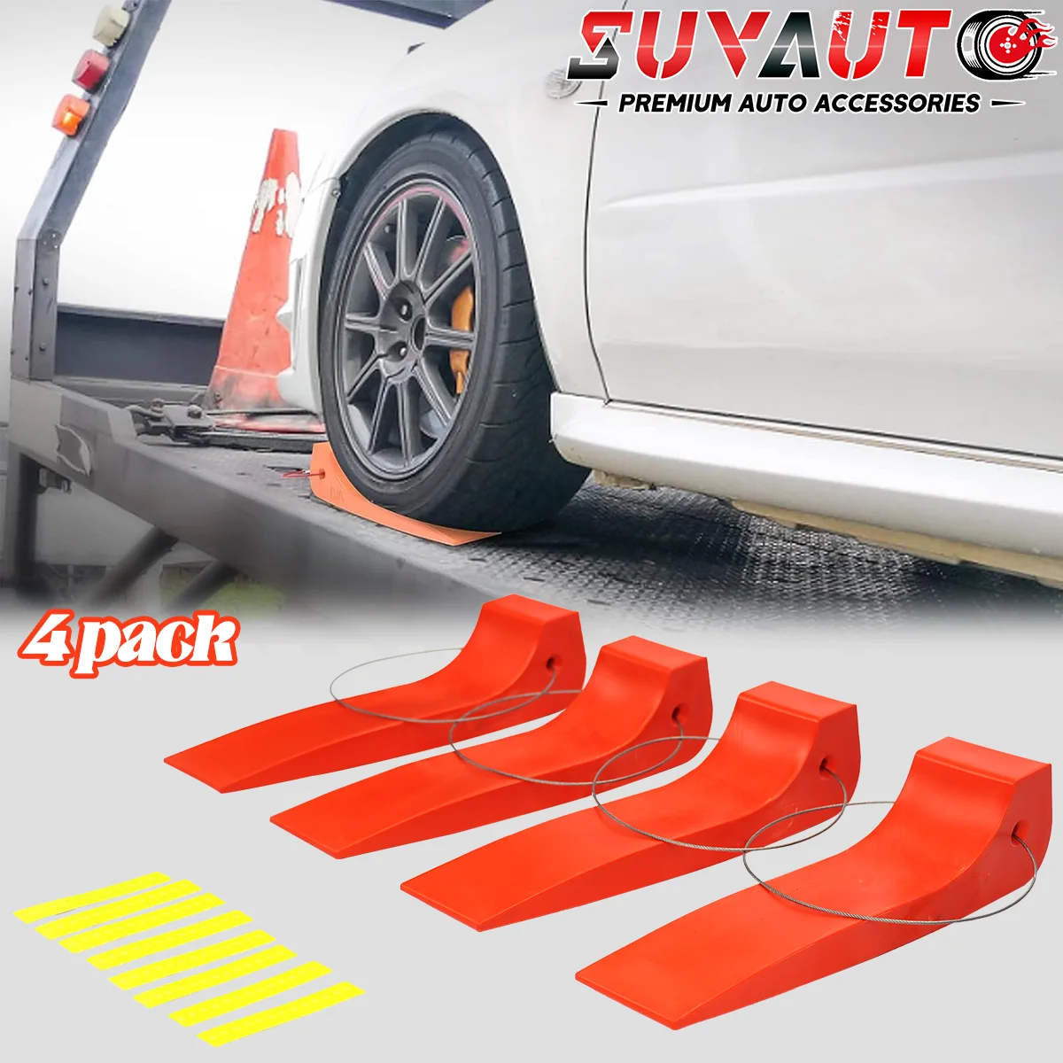 

4 Pack Plastic Tire Skates for Tow Truck Wrecker Rollback Carrier Safety Orange