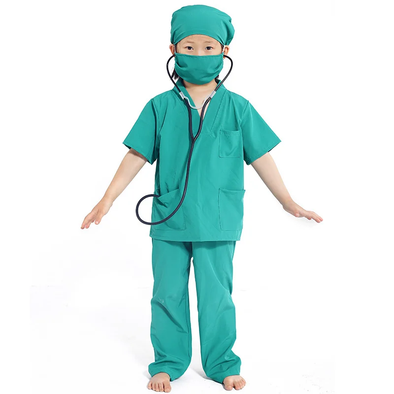 Kids Play House Clothes Suit Doctor Nurse Cosplay Costume for Boys Girls White Green Suit Theme Party Masquerade Show Clothes