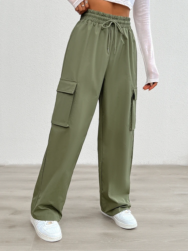 2024 Women New Overalls Elastic Drawstring Waist Pants Wide Leg Baggy Trousers Y2k Streetwear Oversize Sweatpants With Pocket