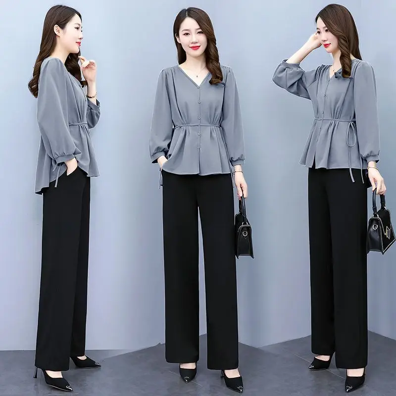 Ensemble de pantalons coréens pour femmes, col en V décontracté, plis à la taille, laçage, pantalons féminins minces, tenues solides, nouvelle mode, printemps, 2024, 2 pièces
