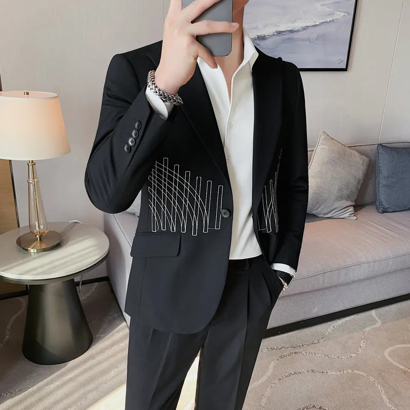 

2023 Brand Stripe Stitching Blazers Men Slim Casual Suit Jacket High Quality Wedding Business Coat Singer Stage Men Clothing