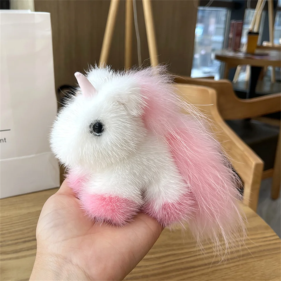 Real Mink Fur Keychain Unixom Fluffy New Bag Pendant Cute Car Key Ring Ladies Bag Charms Girl Favorte Doll