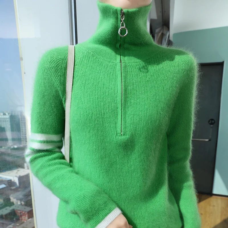 Свитер с воротником-поло, 100% норковый кашемир, осенне-зимний пуловер, женский базовый элегантный теплый костюм на молнии с длинными рукавами, топы