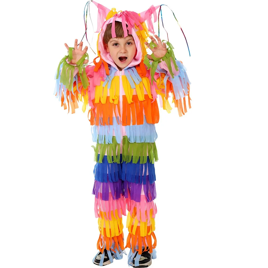 Halloween Pinata Costume for Kids Girl Pinata Dress Multicolor Jumpsuit with Headpiece for Halloween Cosplay Party Dress Up Set