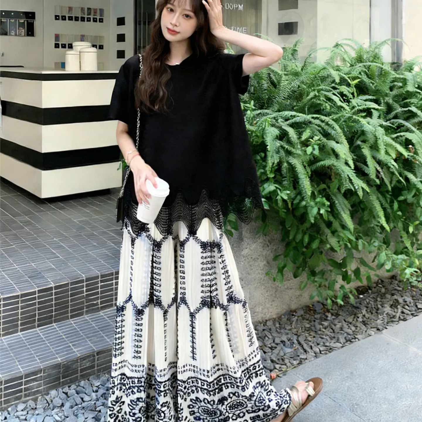 Miyake Fold 2026 New Fashionable Printed Wide Leg Pants Two Piece Set for Women's Summer New Design Sensation Slimming Set