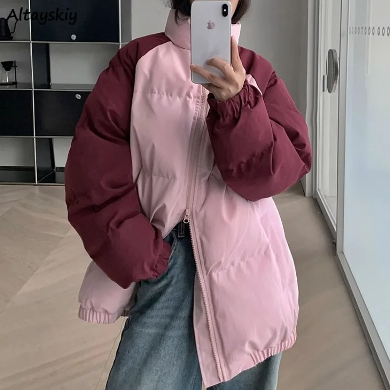 

Panelled Parkas Women Short Style Thickening Warm Stand Collar Patchwork American Retro Tops All-match Unisex Couples College