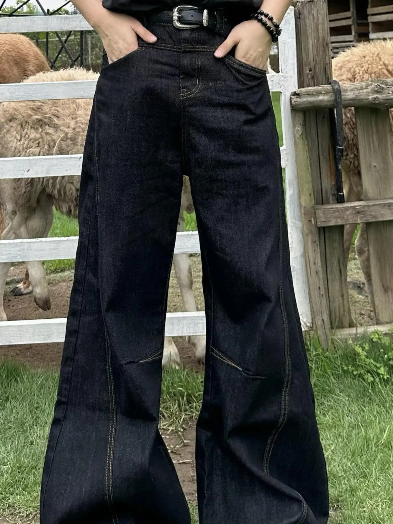 Calças Jeans Retrô Americanas Pretas Lavadas com Pernas Largas para Homens e Mulheres, Estilo Cleanfit com Patchwork, Moda Jo...