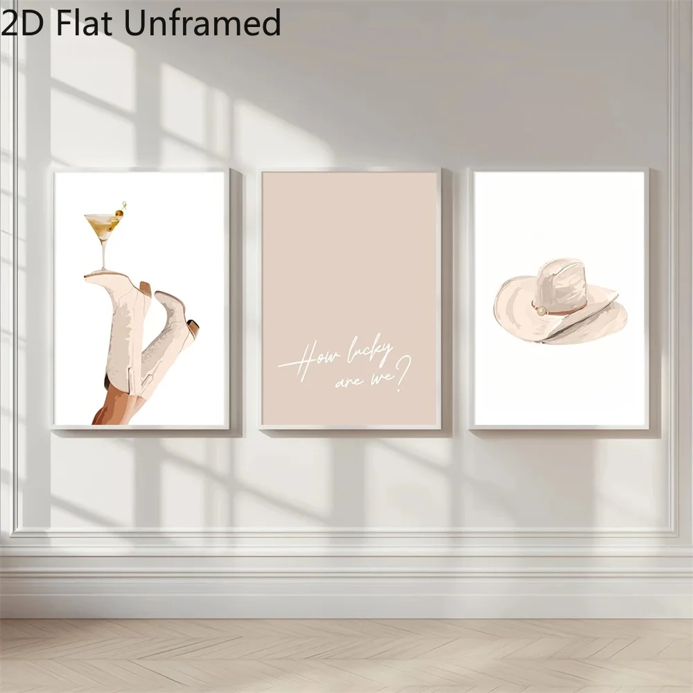 (No frame)2D Flat, 2D Flat, [2D Flat] 3pcs Unframed Modern Western Cowgirl Wall Art Paintings - Beige Cowgirl Boot And Rooste