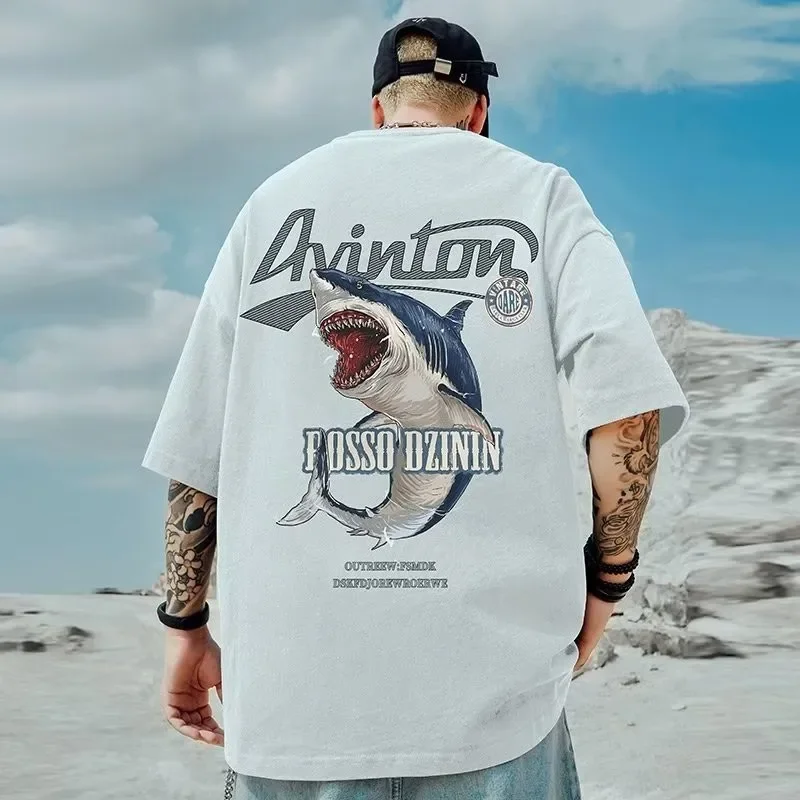 

M-8XL Men Tshirt Oversized Fashion Cartoon Shark Attack Print Shirt Men Short Sleeve Tee Summer Casual Loose Round Neck Tops