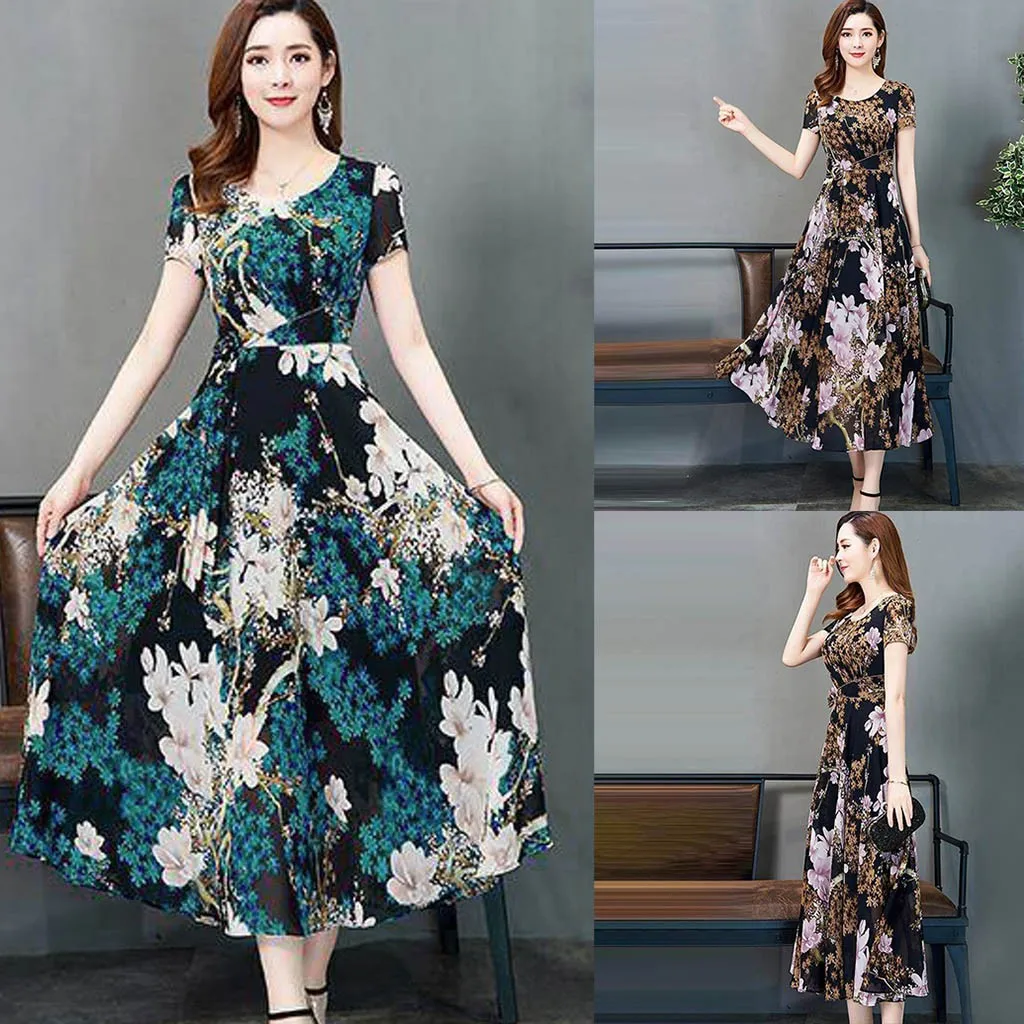 

Summer Boho Beach Dress Women Floral Print Wrap Long Chiffon Dress Ruffles Female Casual O-Neck Holiday Sexy Party Dress vestdos