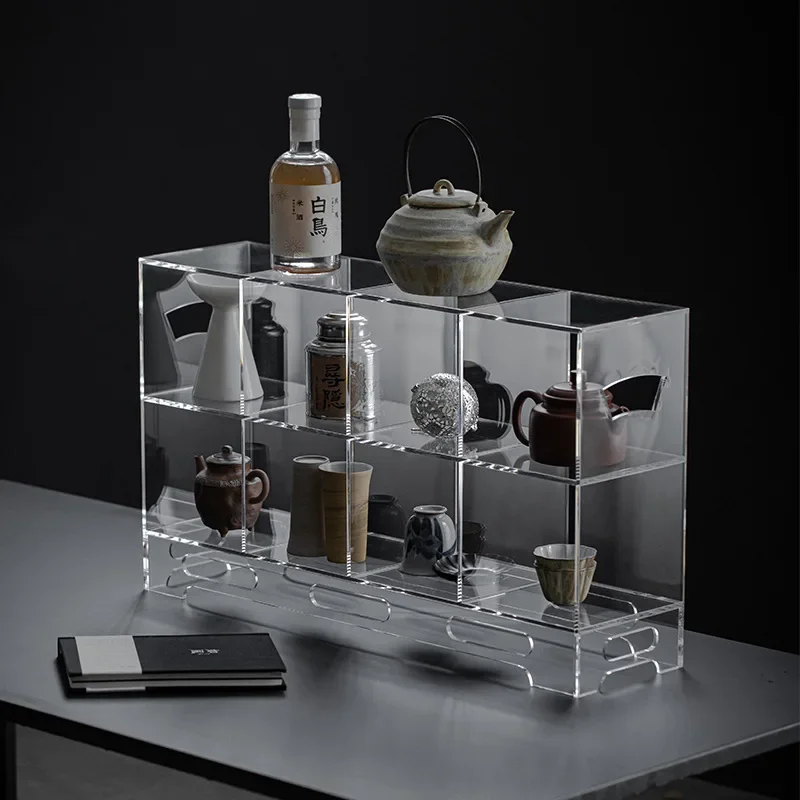 Household Light Luxury Acrylic Tea Set – Transparent Teapot with Bogu Rack & Desktop Display Storage