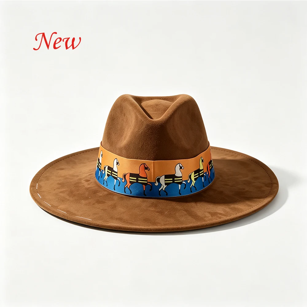 Women Brown Wide‑Brim Fedora Hat, Multicolor Horse‑Print Silk Scarf, Hand‑Sewn Cross Embroidery, Retro Fedora Hat for Travel Bea