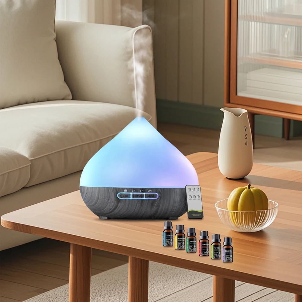 

Диффузор эфирного масла для ароматерапии, 500 мл, с дистанционным управлением, ультразвуковым увлажнителем и многоцветной светодиодной подсветкой (в комплект 6 масел)