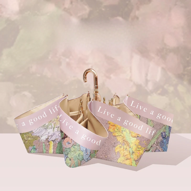 

Mini Gold Hook Handle UV Protection Umbrella for Women Folding Parasol Oil Painting Small Sunny and Rainy Umbrellas Sunshade