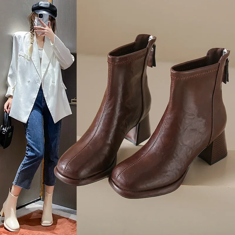 TSTCTB Women PU Leather Ankle Boots Square Toe Thick Mid Heels Zipper Short Boots Ladies Fashion Shoes Winter Coffee 40