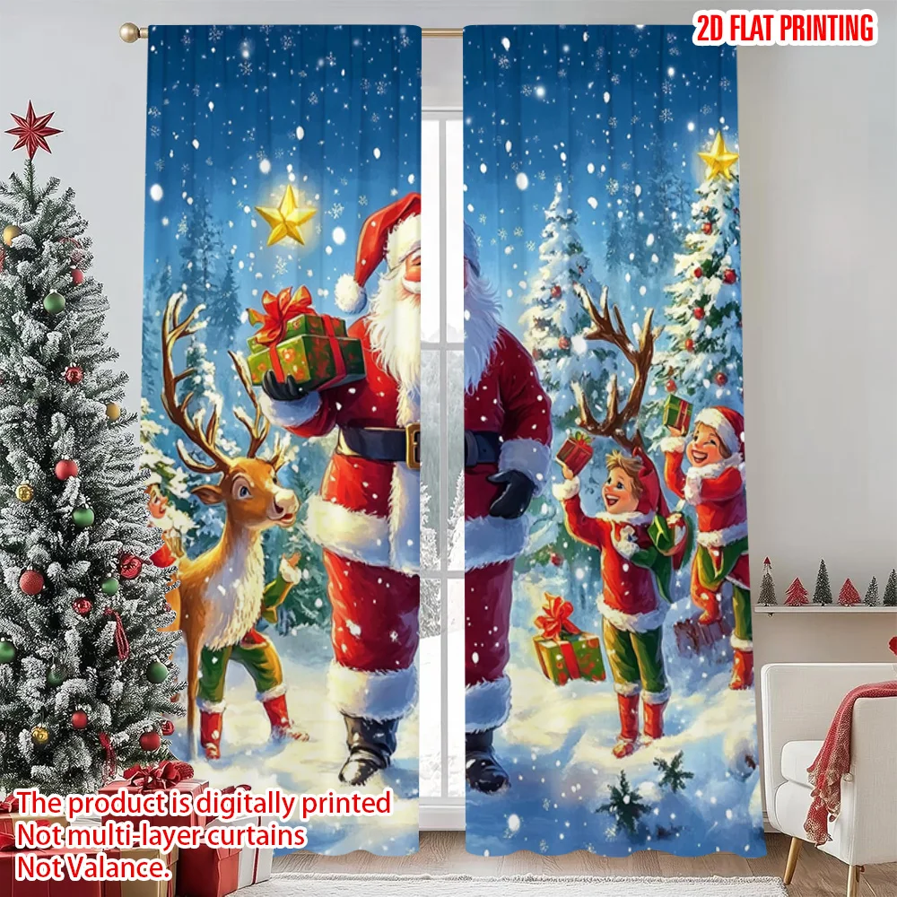 

2pcs 2D flat printing Merry Christmas Popular Window Drapes Snow Santa Deer Polyester Without Electricity Festive Holiday