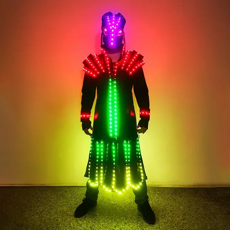 

LED Robot Halloween Men Costume Luminous Rave Outfit Nightclub Circus Stage Performance Suit Helmet Light Clothes 2023