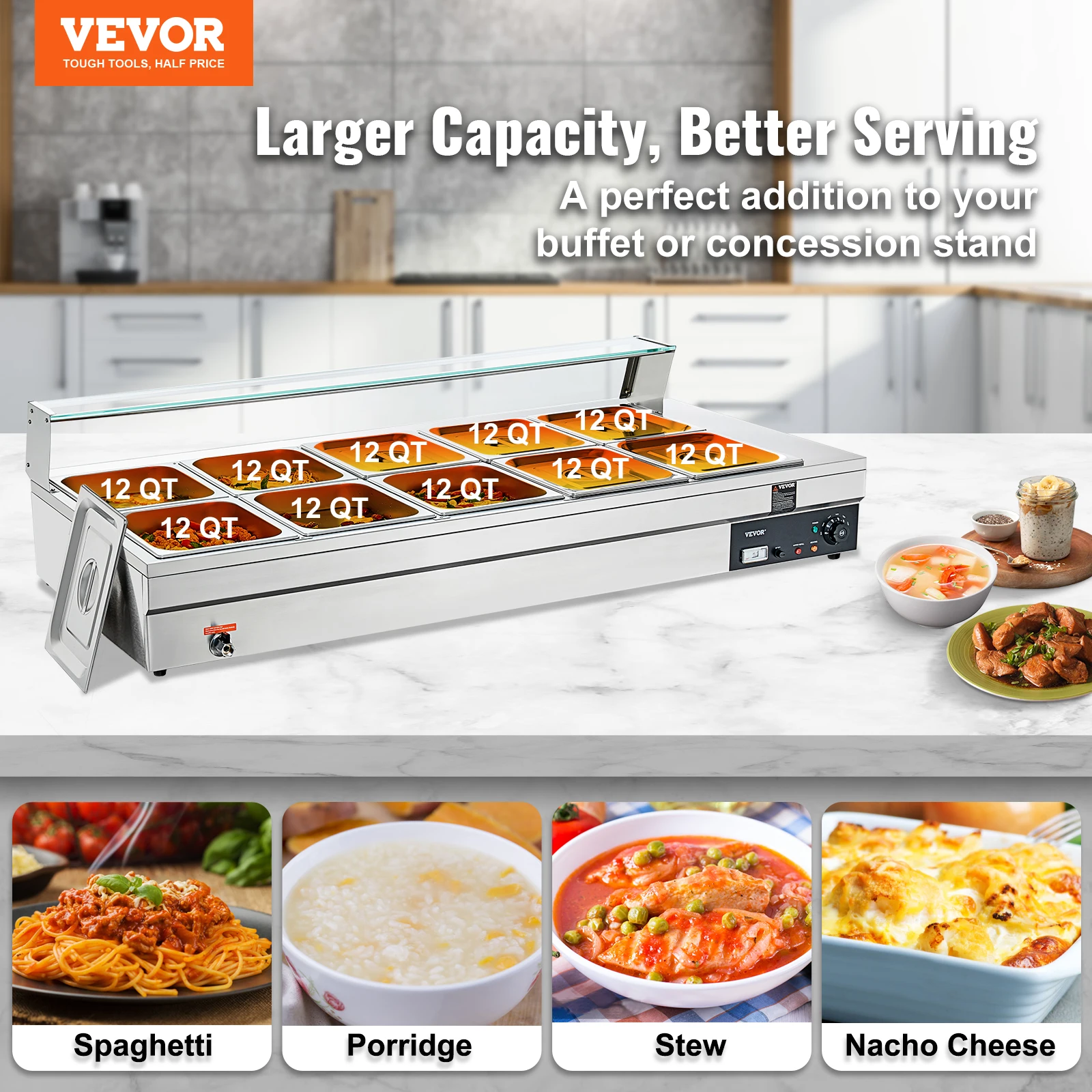 VEVOR 10-Pan Commercial Food Warmer, 10x12QT Electric Steam Table w/Tempered Glass Cover,1800W Stainless Steel Buffet Bain Marie