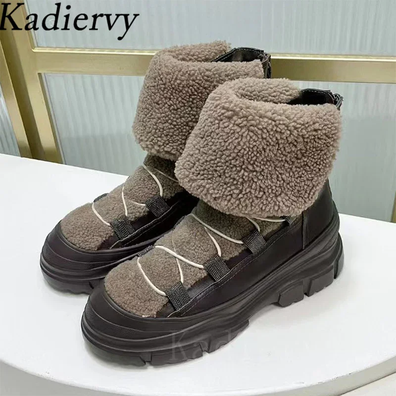 Luxury Fur Short Boots Woman Cross Lace Up Wool Warm Winter Shoes Woman String Bead Thick Sole Motorcycle Boots Women Botas