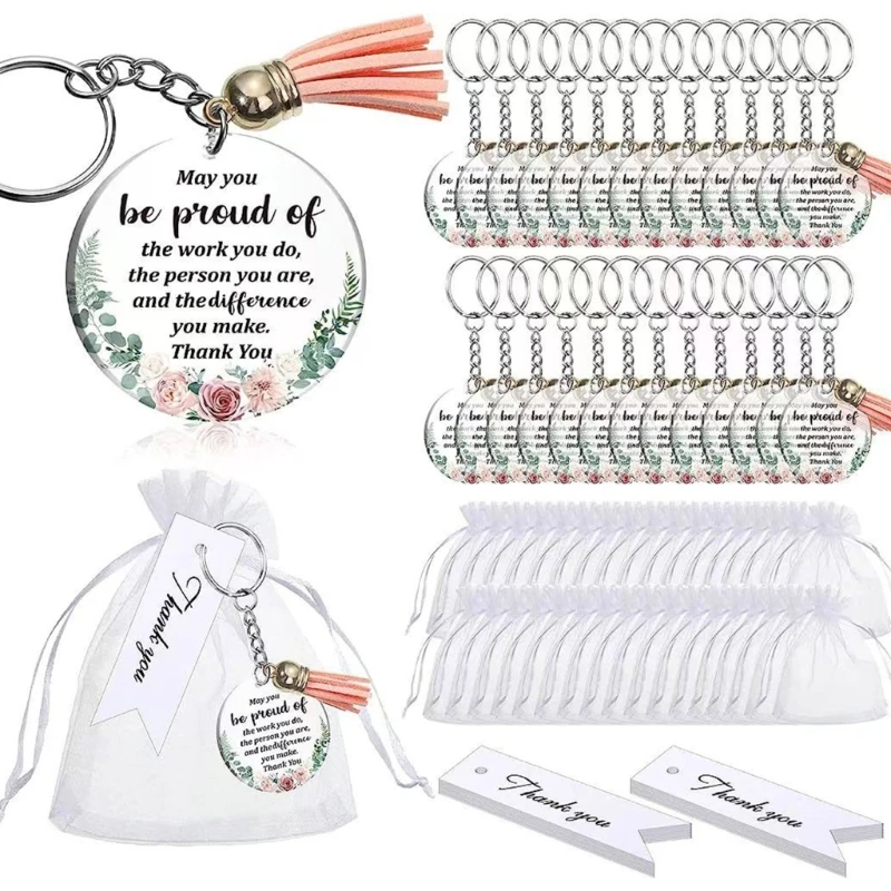 48 Thank You Gift Bulk Acrylic Floral Tassels Keychain with White Organza-Bag Appreciation Coworker Teacher Keychain