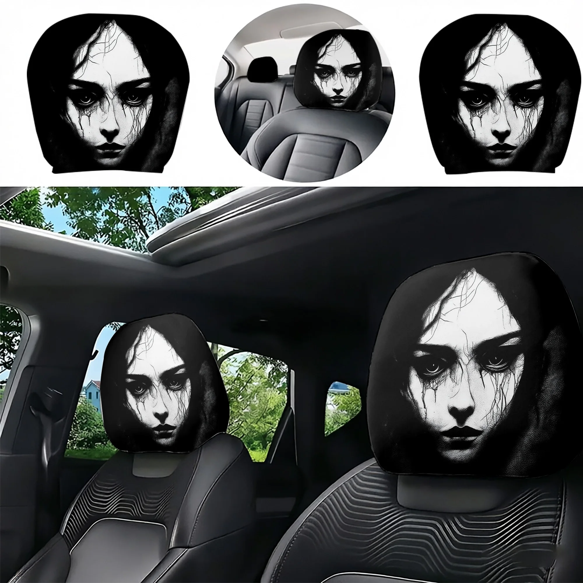 2pcs Gothic Portrait Car Headrest Covers, bringing a dark and artistic aesthetic to your car. Filling not included. Easy to inst
