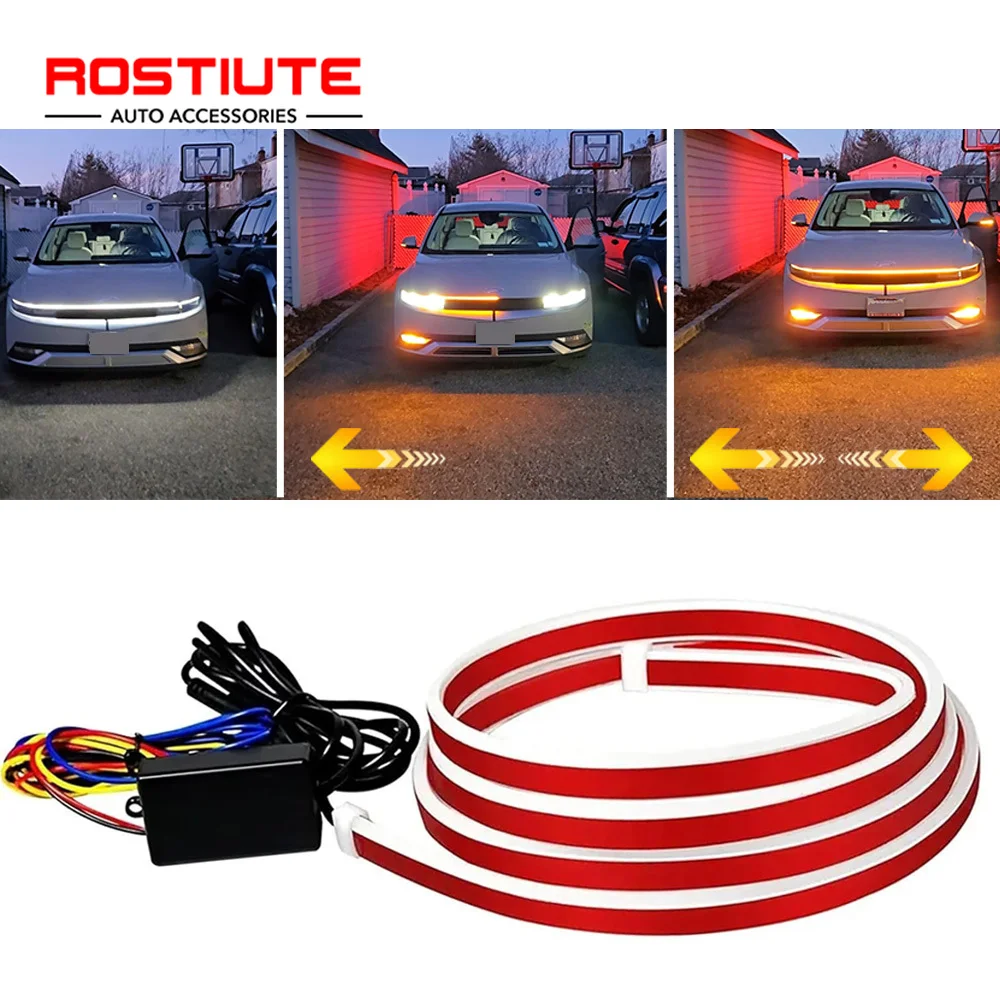 

Динамическая светодиодная лента DRL для автомобиля с последовательным сигналом поворота, гибкая подсветка капота, двухцветная, с функцией смены цвета, 12В, дневные ходовые огни