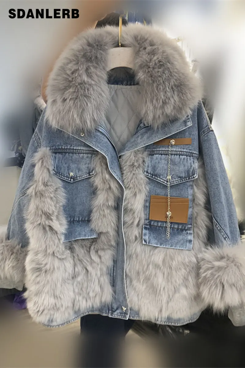 

Denim Patchwork Parka Women's Mid-Length Fox Fur Collar Thickened Coat Young Fur Winter New All-matching Long Sleeve Jacket