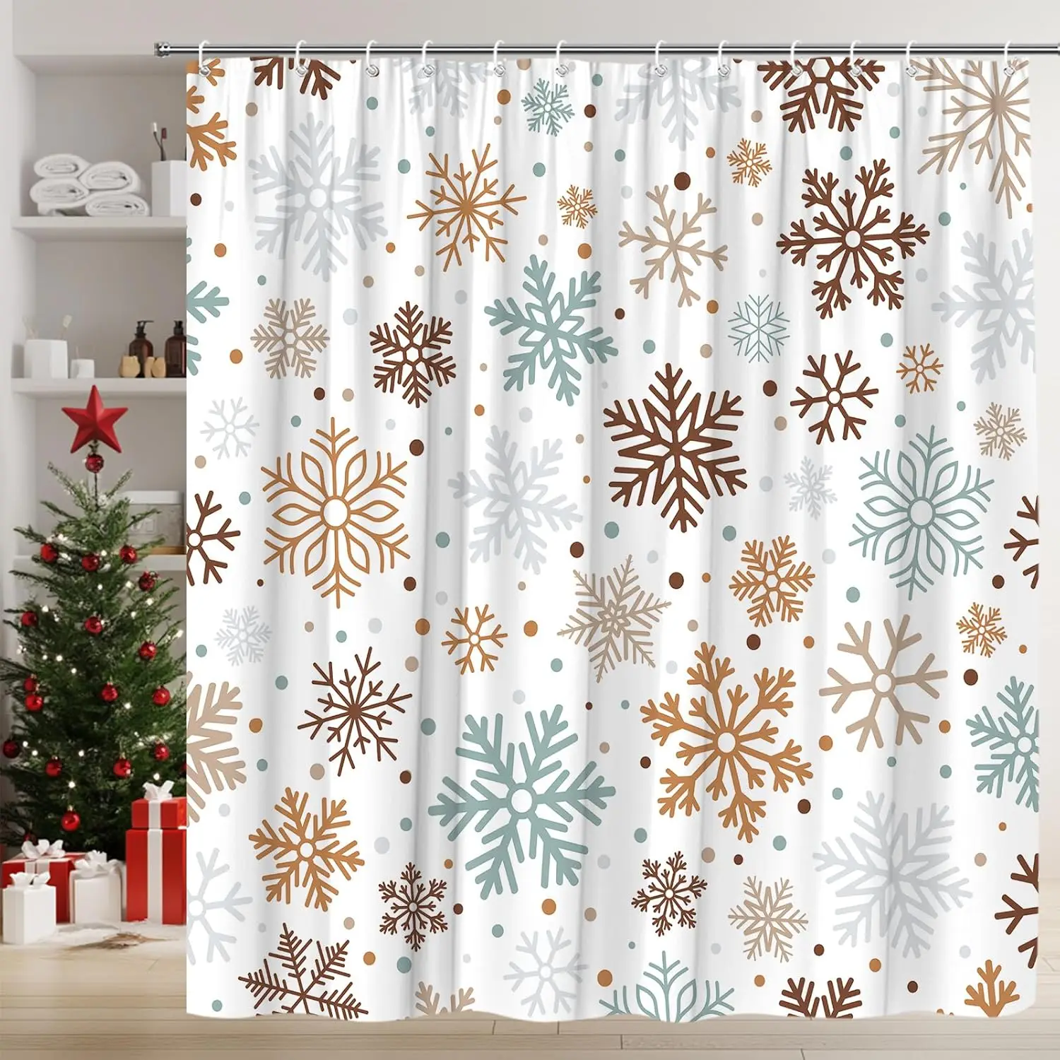 

Рождественская занавеска для душа со снежинками, синяя и коричневая, зимняя снежная, в стиле бохо, Рождественский праздник, с Новым годом, тканевый комплект занавесок для ванной комнаты