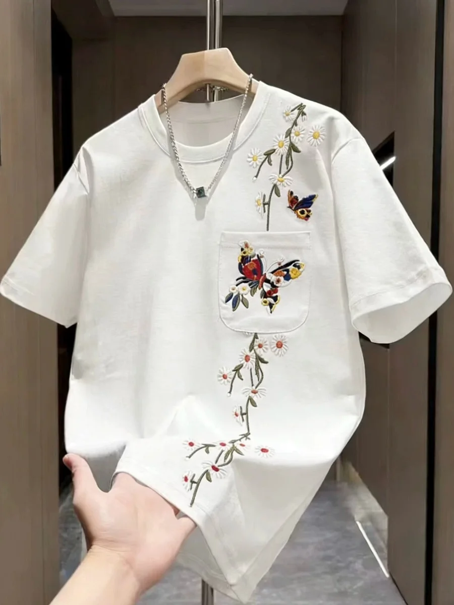 Summer 2026 Men's Heavy Embroidery  Floral Short Sleeve T-Shirt Casual Style Cotton Polyester Blend Breathable Comfo...