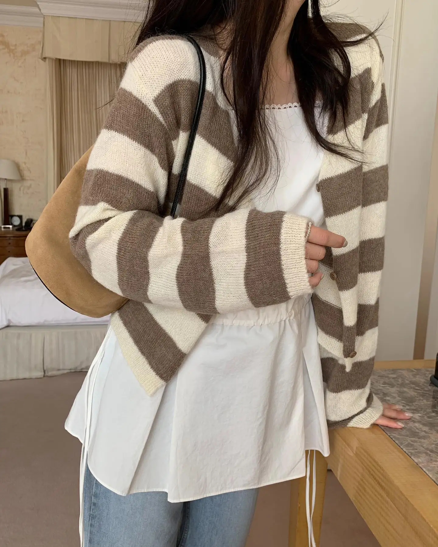 Korean style V-neck striped knitted cardigan jacket for women