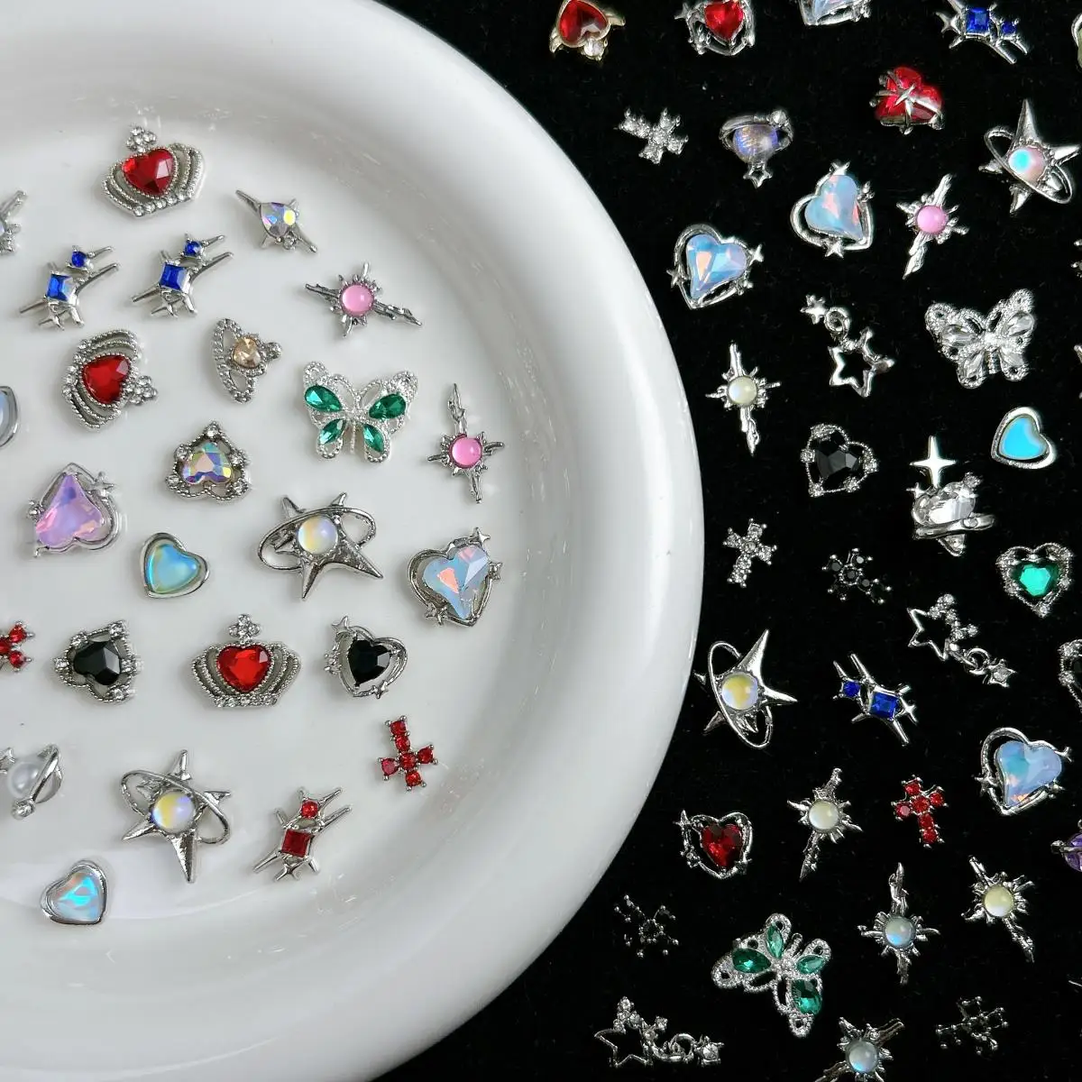 20PCS Exquisite Funkelnde Silber Legierung Intarsien Strass Nagel Charms Herz Stern Schmetterling Gemischt Nail art Dekoration DIY Handwerk