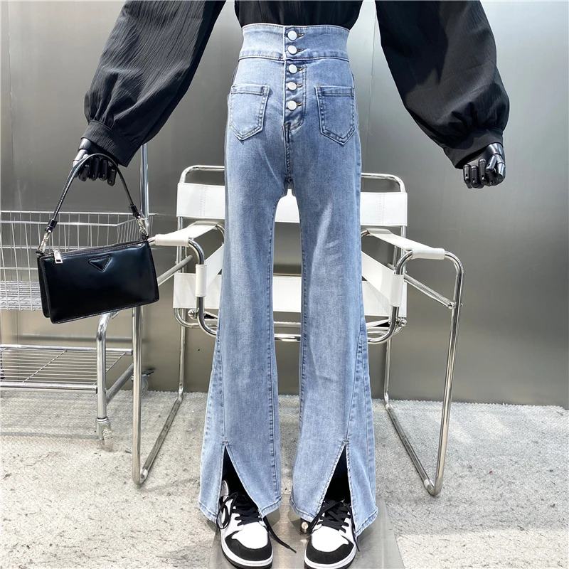 

New Brand Original Design 2022 Single Breasted High Waist Versatile Split Flare Jeans Retro Slim Pocket Wide Leg Trousers