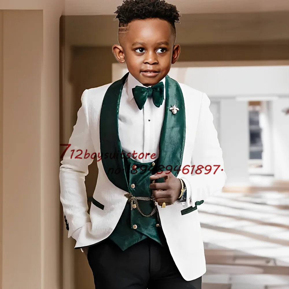 

White Floral Boy Suits Jacquard Wedding Tuxedo 3-piece Blazer Vest Pants Set Formal Party Kids Jacket Children's Clothes Outfit