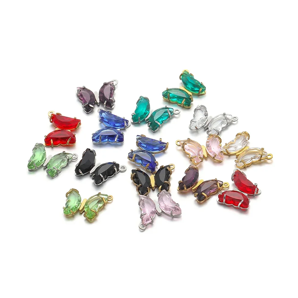5 Stück Edelstahl- und transparente Kristallglas-Schmetterlingsanhänger für DIY-Mädchen-Schmuck, Halsketten, Charms, Zubehör und Ohrringherstellung – Detail 2