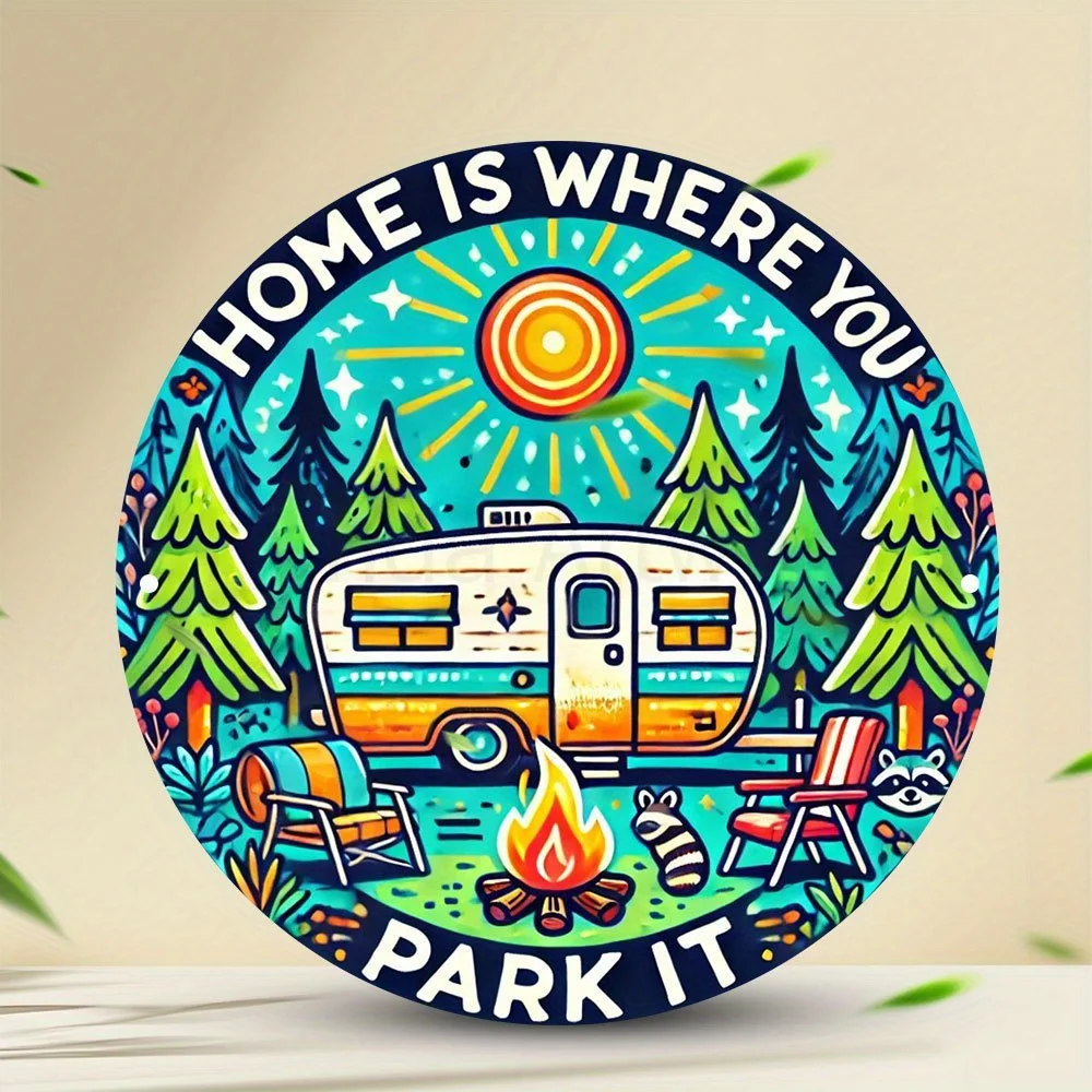Vintage RV Camping Aluminum Wall Decor - 7.8' Round Retro Camper Sign with 'Home Is Where You Park It' Quote, Turquoise