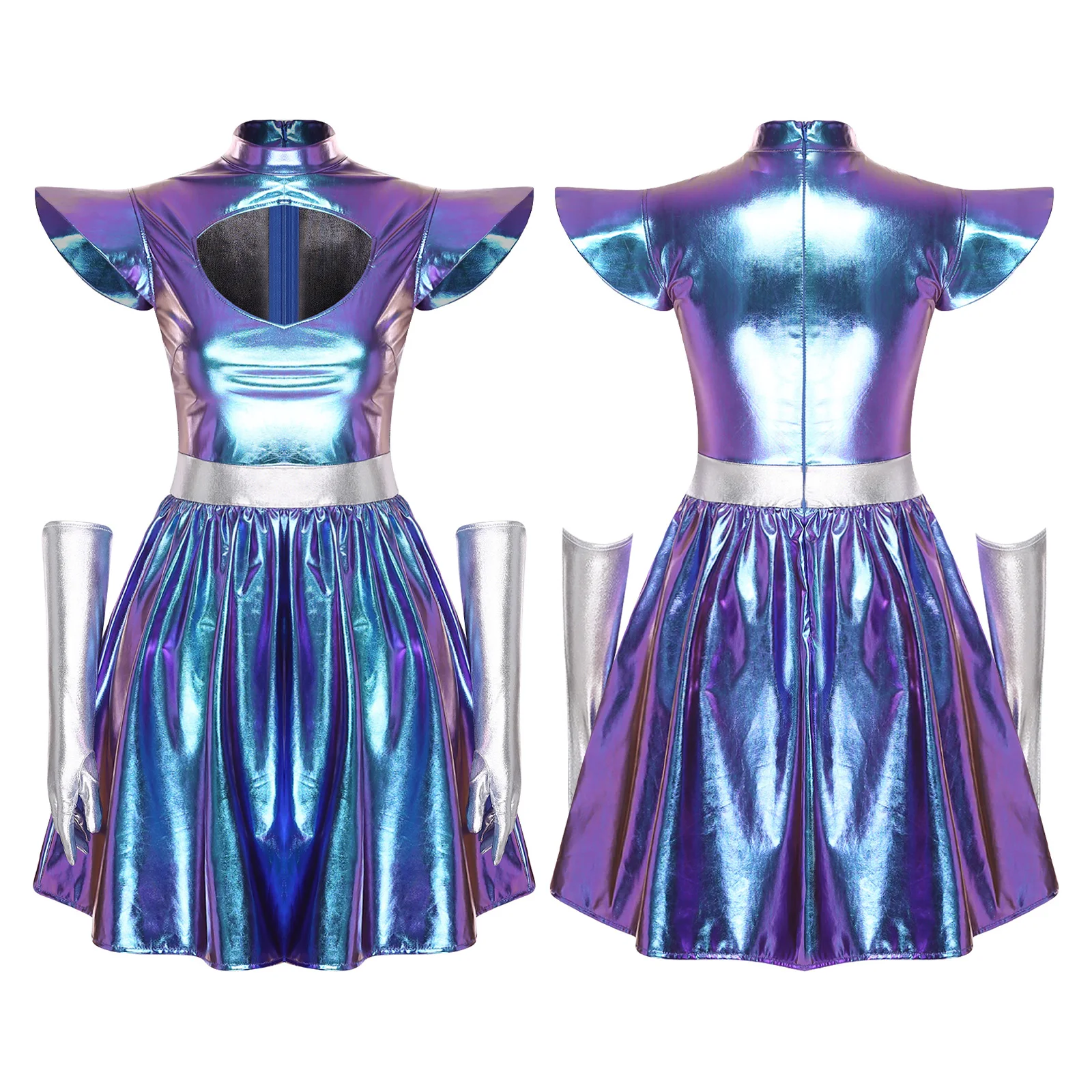 Volwassen Vrouwen Alien Outerspace Halloween Cosplay Kostuum Danskleding Mouwloze Space Cadet Maillots Jurk voor Future World Party
