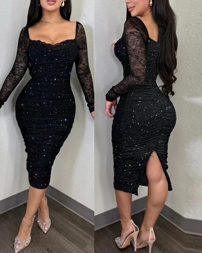 Women's Party Dress Autumn Winter Latest 2025 Glitter Long Sleeve Bodycon Back Slit Slim Fit Contrast Lace Maxi Dress Long Skirt