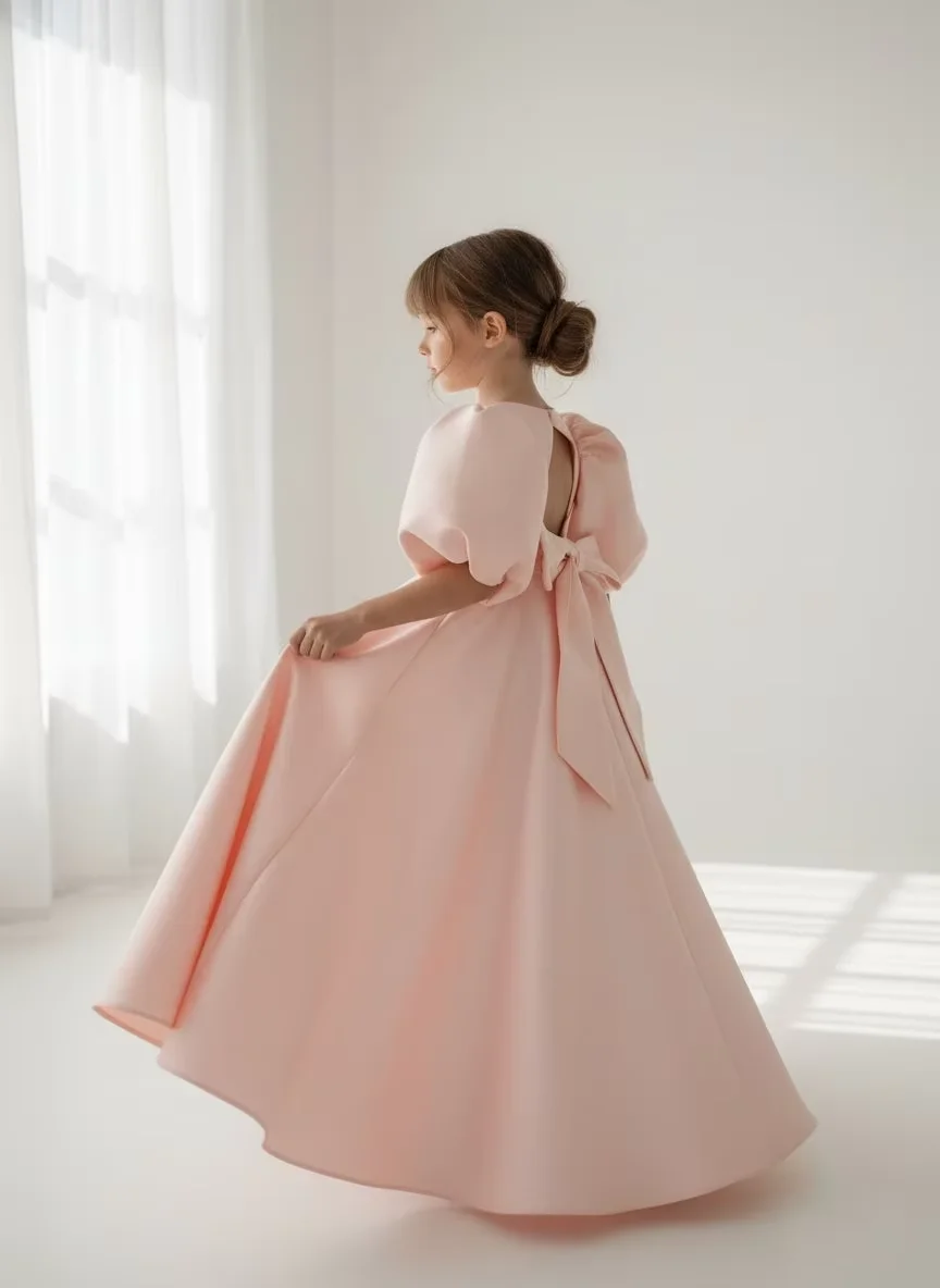 Elegant White Satin O-Neck Long Puffy Sleeves Flower Girl Dress for Children's Sacrament Birthday Bridesmaid Dress Customize