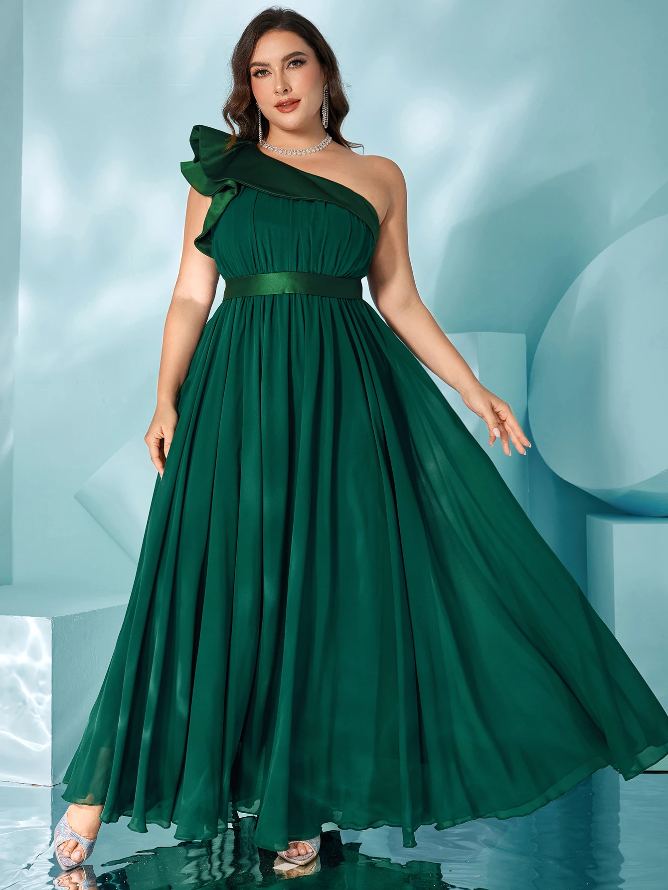 Unithorse Plus Women's Satin Patchwork Chiffon One Shoulder Elegant Dark Green Formal Dress