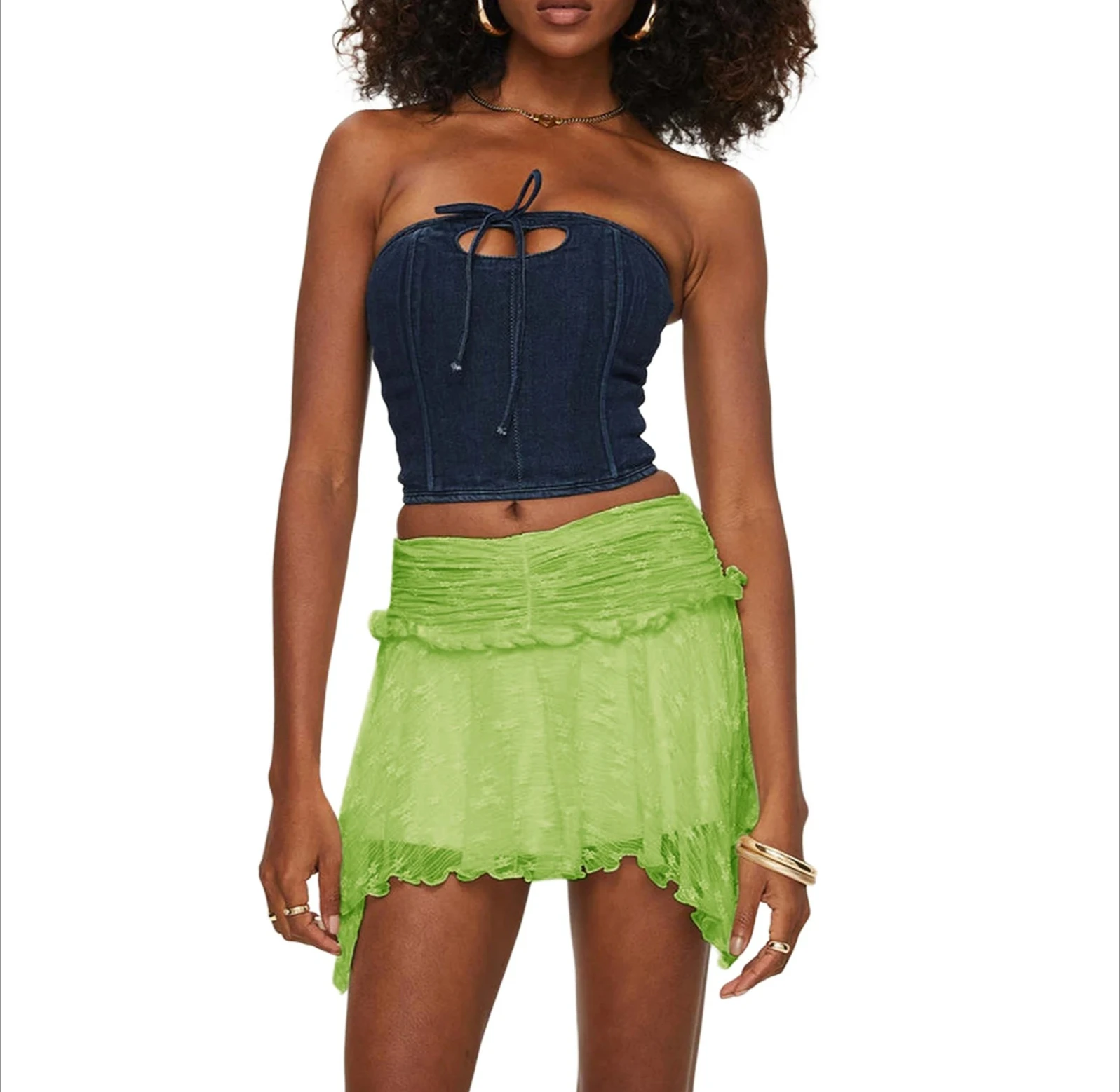 Women's Solid Color Gothic Mini Skirts Lace Ruched High Waist Skirts Spring Summer Irregular Hem Casual Skirts