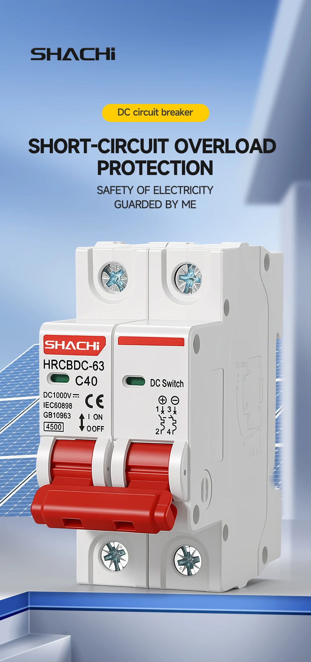 SHACHI 2P DC 1000V MCB Solar Mini-Leistungsschalter - Überlastschutzschalter Größen 10A bis 63A für Photovoltaik-PV-Systeme – Detail 1