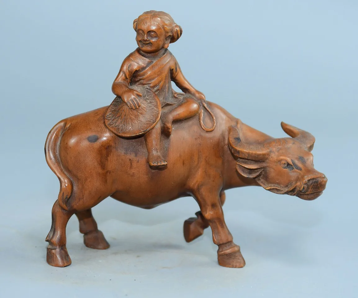Tibetan Temple Collection Old Boxwood The statue of a boy herding cattle Childlike Delight Bull statue Amass wealth Ornaments