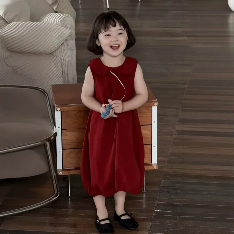 

Children's Clothing2026Summer girls' vintage red doll collar vest dress, fashionable baby bud dress