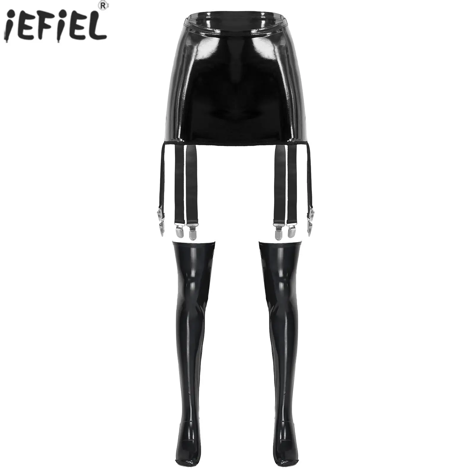 

Womens Wet Look Patent Leather High Waist Six Clips Garter Belt 1 Pair Footed Thigh High Stockings Lingerie Set